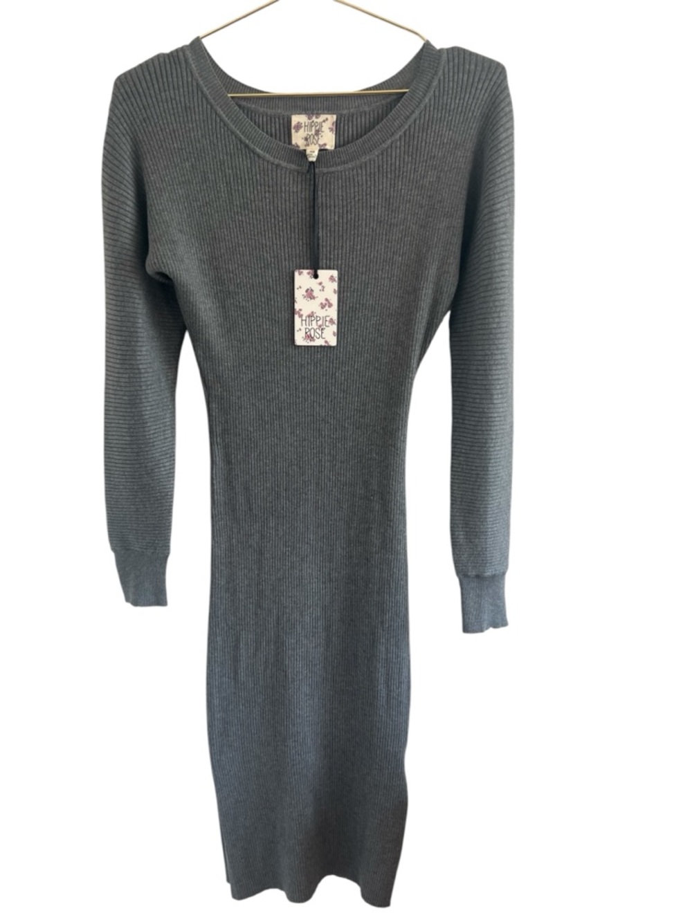Hippie Rose Charcoal Ribbed Long Sleeve Knit Bodycon Dress